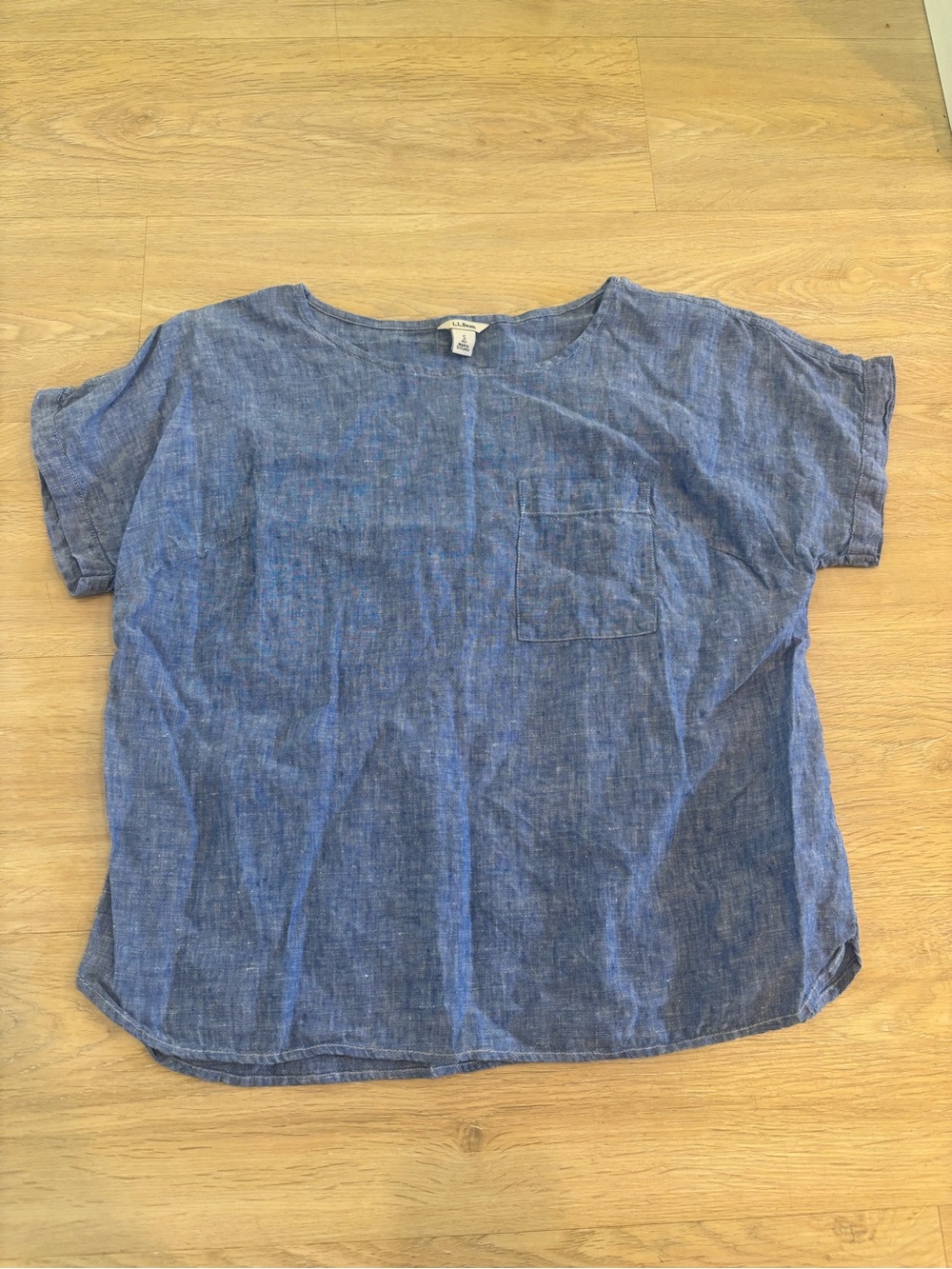 L.L. Bean Women's Linen Short Sleeve Blouse T Shirt ID 517769 Blue